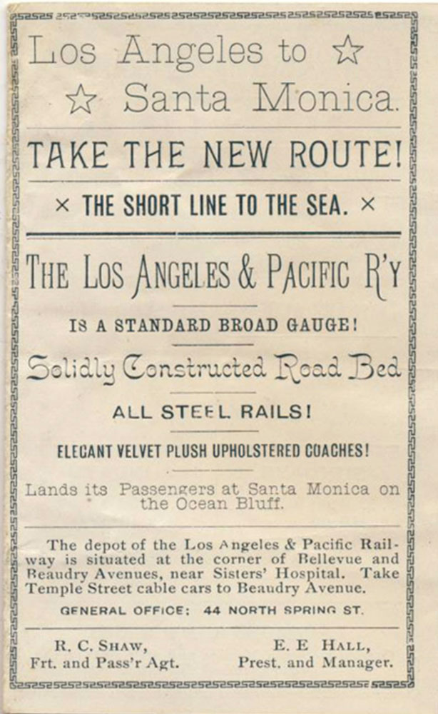 Los Angeles to Santa Monica. Take the New Route! The Short Line to the Sea, c. 1887. Brochure